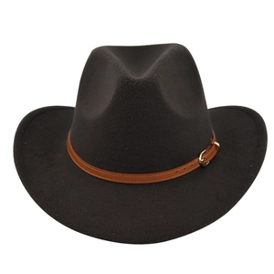 Close-up of vintage brown felt cowboy hat with leather belt and golden buckle detail