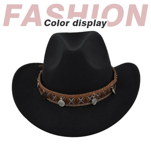 Detail of black wool felt cowboy hat with ethnic braided band and metal coin charms