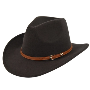 Detail of western cowboy felt hat featuring a vintage leather belt with silver buckle