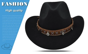 Detail of black felt cowboy hat featuring ethnic woven band and silver coin pendants