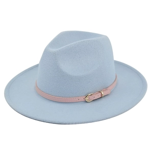 Classic light blue felt fedora hat with a stylish pink leather belt and golden buckle