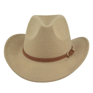Detail of khaki felt cowboy hat featuring brown leather band and gold metal buckle