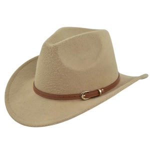 Classic beige felt cowboy hat with a brown leather buckle strap and wide brim
