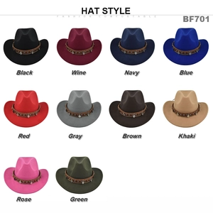 Matrix display of vintage western cowboy hats in ten colors with ethnic woven bands
