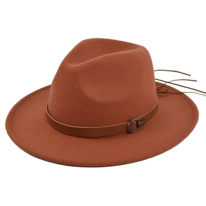 Brick red wide brim wool fedora hat with brown leather belt and metallic buckle