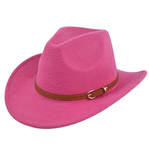 Close-up of rose pink felt cowboy hat with brown leather strap and gold buckle