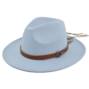 Detail of sky blue wool felt fedora with brown faux leather belt and fringe accents