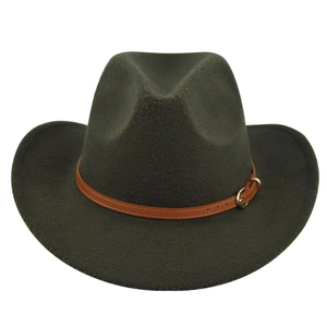 Close-up of olive green felt hat featuring a slim brown leather band and gold metal buckle