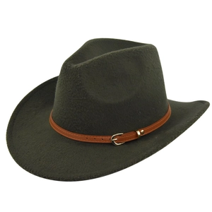 Detail view of dark green felt cowboy hat with brown faux leather belt and gold metal buckle