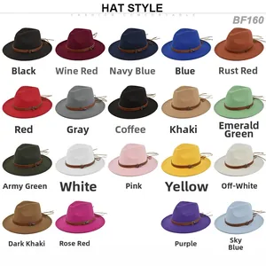 Detailed grid display of wool fedora hats in 19 colors with leather belt buckle detail