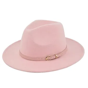 Vintage Wide Brim Fedora Jazz Hat For Women Imitation Wool Felt Flat Top Hat With Pink Leather Strap Gold Metal Buckle