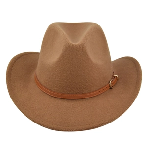 Detailed view of the brown felt fedora with a leather band and gold metal buckle strap