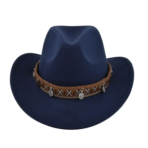 Detailed macro view of navy wool cowboy hat featuring ethnic embroidery and silver coin charms