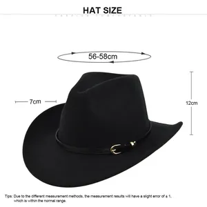 Tableau des tailles détaillé pour le chapeau de cowboy en feutre noir avec bord de 7cm