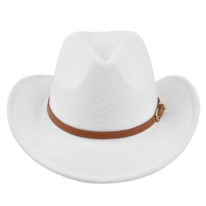 Close-up of white felt cowboy hat featuring a brown leather band and gold metal buckle