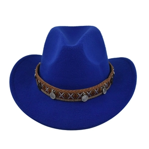 Detail of dark blue felt cowboy hat with ethnic braided band and silver coin charms