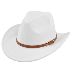 Detailed close-up of a white felt cowboy hat with a brown faux leather belt and gold buckle