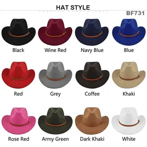 Vintage felt cowboy jazz hats with decorative leather belts in twelve assorted colors