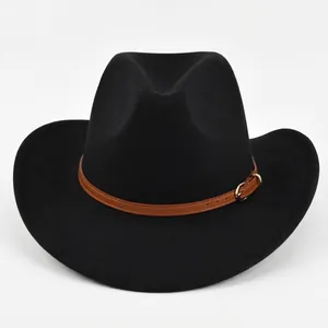 Vintage Western Cowboy Hat Wide Brim Felt Fedora Jazz Hat with Belt Buckle Retro Ethnic Style Church Party Cap for Men Women