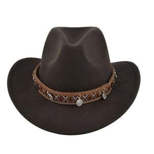 Detailed view of brown felt cowboy hat with ethnic braided band and metal pendants