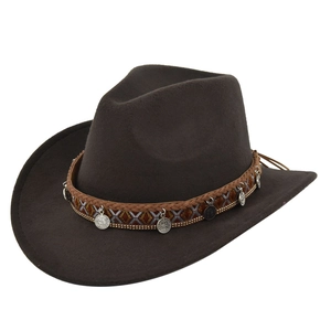 Detail of dark coffee felt cowboy hat featuring ethnic embroidery and metallic coin charms