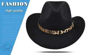 Detail of a vintage black felt fedora featuring a stylish leopard print hatband with buckle