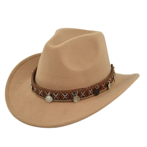 Vintage camel felt cowboy hat with bohemian woven band and silver coin pendants