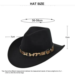 Size chart showing 56-58cm circumference for black felt cowboy hat with leopard band