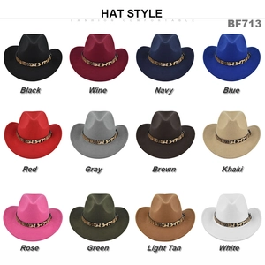 Detailed grid of vintage felt cowboy hats with leopard print belts in 12 assorted colors
