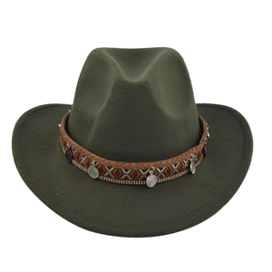 Detailed view of dark green fedora hat with ethnic patterned band and hanging metal coins