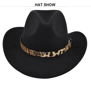 Detail of black felt fedora hat featuring leopard print band with metal buckle