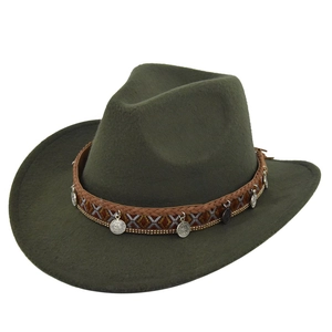 Detail of dark green felt cowboy hat with ethnic braided band and silver coin charms