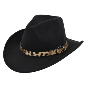 Detail of black felt cowboy hat featuring leopard print band and vintage metal buckle