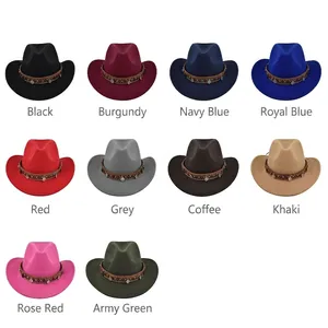 Multiple vintage felt western cowboy hats in ten colors with ethnic braided bands