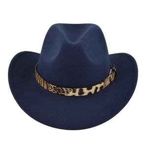 Close-up of navy wool felt cowboy hat featuring leopard print band and metal buckle detail