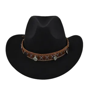 Vintage Western Cowboy Hat For Men Women Wide Brim Felt Jazz Fedora With Ethnic Woven Band And Metal Charms Party Travel Hat