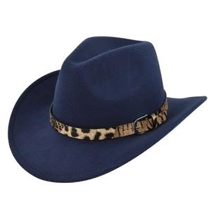 Detail view of navy blue wool felt fedora featuring a leopard print band and metal buckle