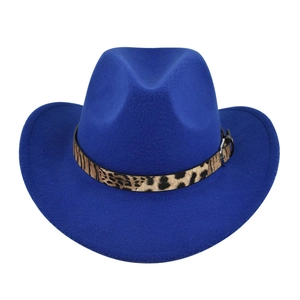 Detail of royal blue felt fedora hat featuring a leopard print belt and silver buckle