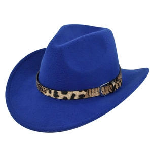 Close-up of bright blue felt cowboy hat with leopard print band and metal buckle detail