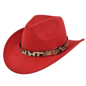 Detail of red felt cowboy hat featuring a leopard print belt and silver square buckle