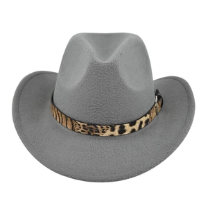 Close-up of grey wool felt fedora hat featuring a stylish leopard print buckle band