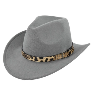 Detail of grey felt cowboy hat featuring a leopard print band and metallic buckle