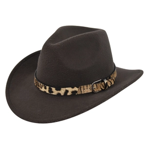 Close-up of dark brown felt cowboy hat featuring leopard print band and metal buckle