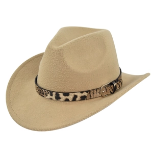 Detail of khaki felt cowboy hat featuring a stylish leopard print belt and silver buckle