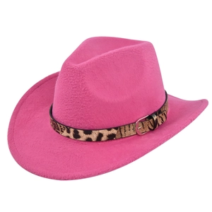 Close-up of hot pink felt cowboy hat with a leopard print belt and silver metal buckle