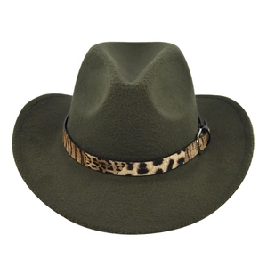 Olive green wool felt fedora hat featuring a leopard print belt and silver buckle detail