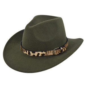 Detail of olive green fedora hat featuring leopard print belt and metal buckle