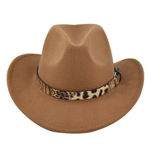 Detail of brown wool felt cowboy hat featuring a leopard print band and metal buckle