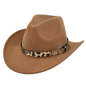Close-up of brown felt cowboy hat featuring leopard print belt and silver metal buckle