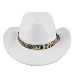 Detail of white felt cowboy hat featuring leopard print band and metal buckle accessory